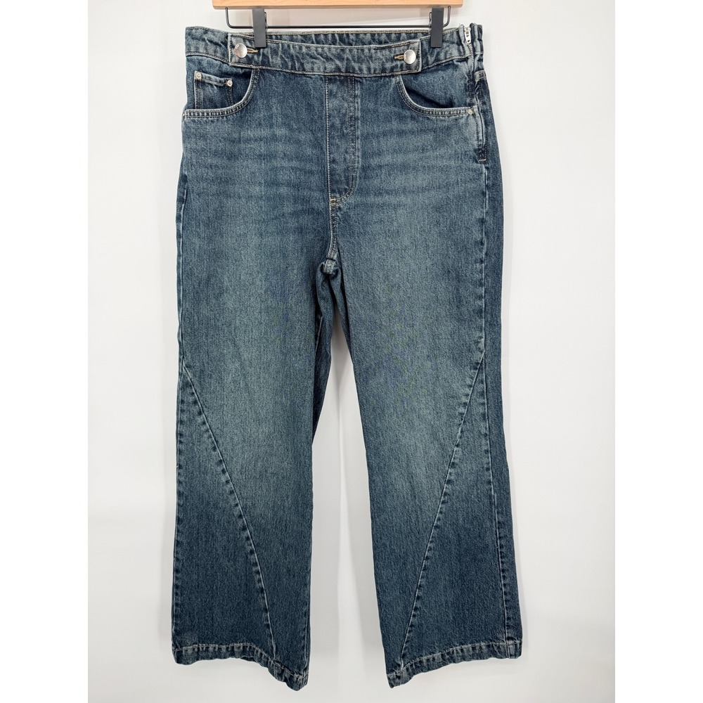 Zara Wide Leg Jeans Womens 10 Blue Excellent High Rise Side Zip Straight Denim